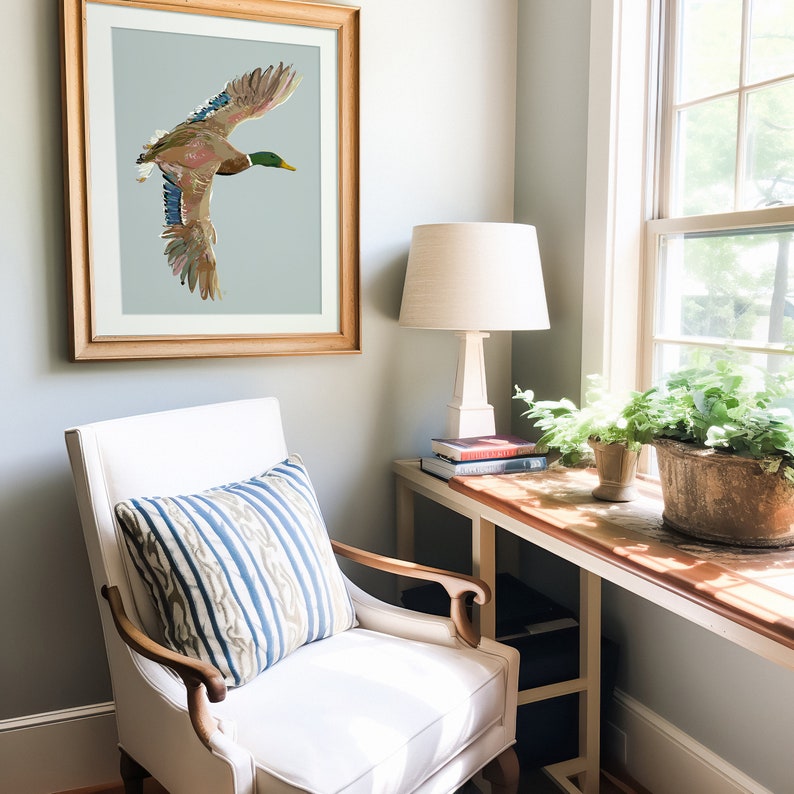 mallard duck painting in masculine home office