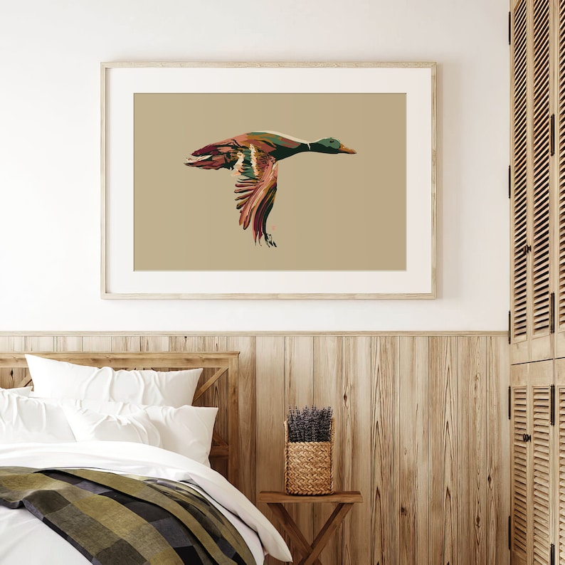 mallard duck painting in rustic modern bedroom