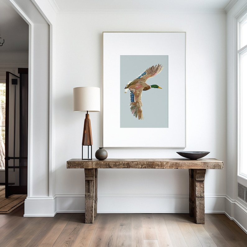mallard duck artwork in modern lake house decor