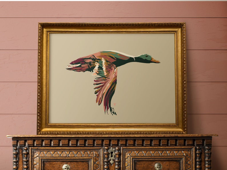 mallard duck flying art print in cabin