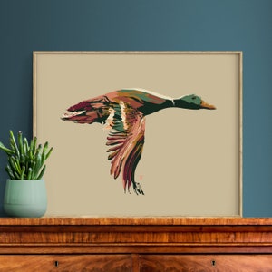 Mallard Duck Painting on Tan Background, Art for Modern Cabin Decor