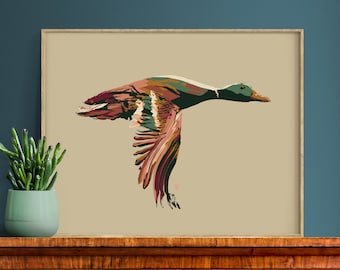 Mallard Duck Painting on Tan Background, Art for Modern Cabin Decor