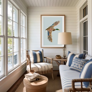 modern lake house decor with mallard duck art print