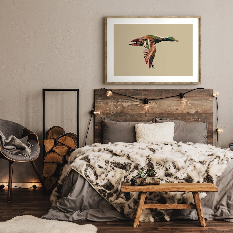 modern mallard duck hunting print in ski lodge