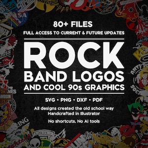Loghi di band rock e design anni '90 SVG Bundle PNG DXF Adesivo per magliette Stampa Cricut Silhouette Sublimazione Clipart digitale Download Alta qualità