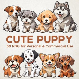 Cute Puppy Dog PNG Mega Bundle, Transparent PNG, 50 Dog Breeds, Anime Cartoon Illustration, Designs for Prints and Stickers, Commercial Use