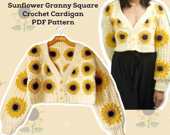 Sunflower Granny Square Crochet Cardigan PDF Pattern *DIGITAL DOWNLOAD & Updated with new photos*