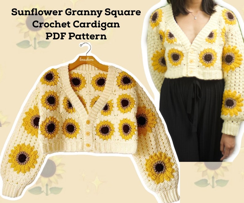 Sunflower Granny Square Crochet Cardigan PDF Pattern DIGITAL DOWNLOAD & Updated with new photos image 1