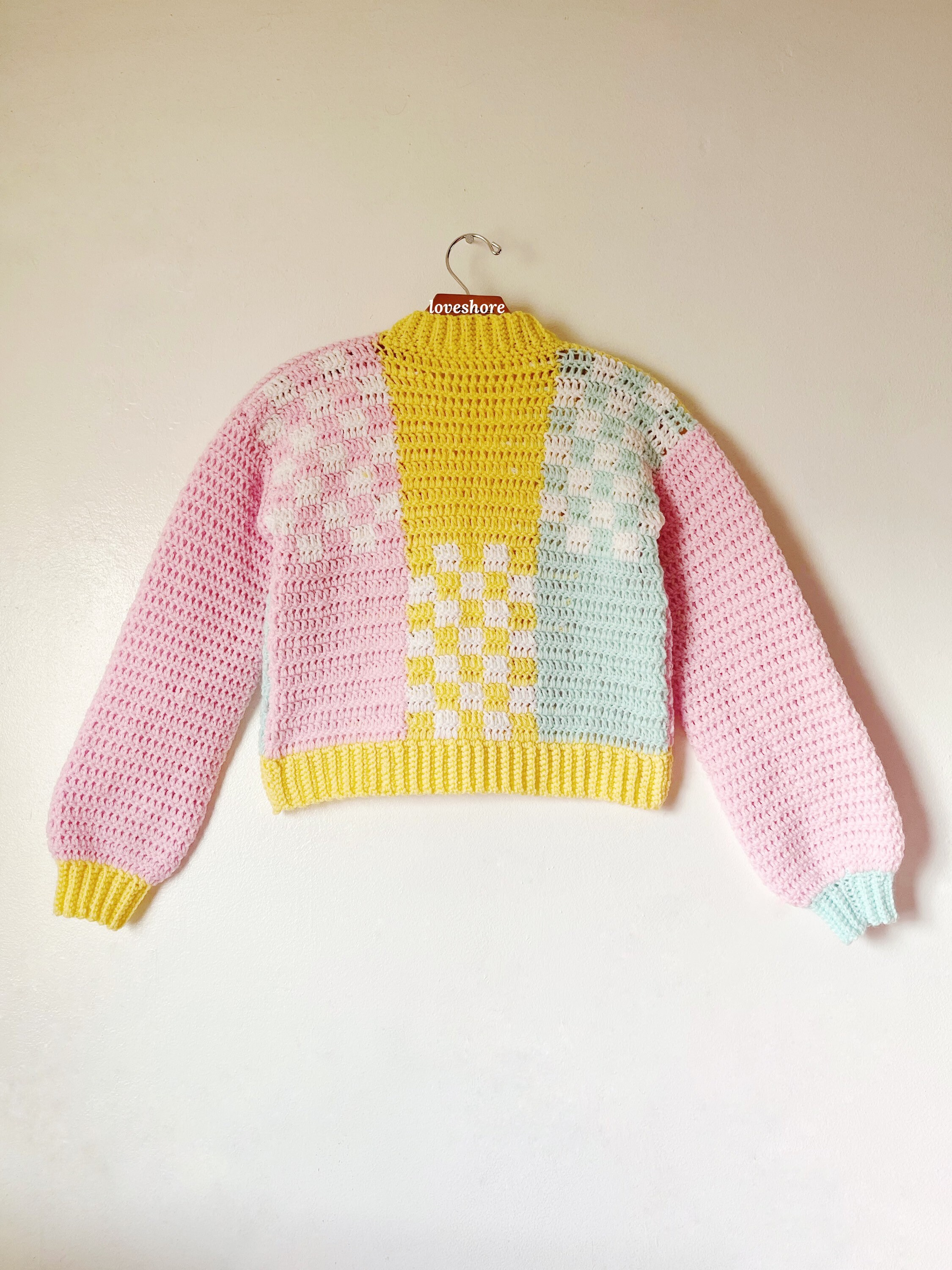 WV PROJECT★即発送★Loose touch Cardigan - MJOT7117 Colorblock Checker Crochet Cardigan PDF Pattern *DIGITAL