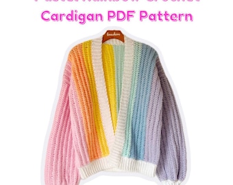 Puede incluir: Un patrón de cárdigan de crochet arcoíris pastel. El patrón es apto para imprimir.
