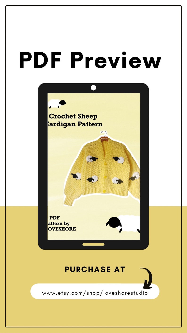May include: A digital preview of a crochet sheep cardigan pattern. The pattern is for a yellow cardigan with black and white sheep appliques. The text on the screen reads "Crochet Sheep Cardigan Pattern" and "PDF pattern by LOVESHORE".