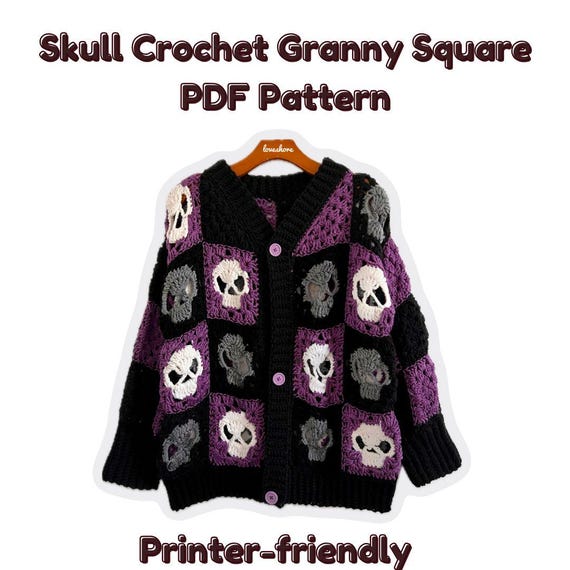 Printer-friendly Memento Mori (skull Granny Square Crochet