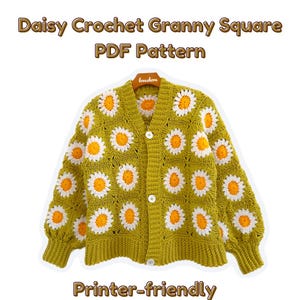 PRINTER-friendly Daisy Flower Granny Square Crochet Cardigan pdf Pattern *DIGITAL DOWNLOAD*