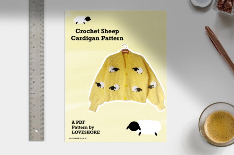 May include: A PDF crochet pattern for a yellow cardigan with white sheep appliques. The pattern is by LOVESHORE.