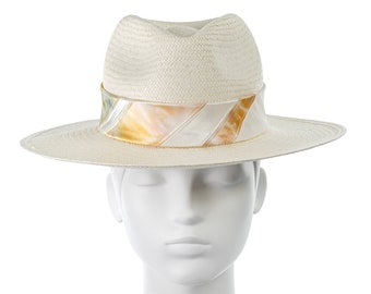 Panama Fedora, handgefertigter luxuriöser Sommer-Strohhut mit eisgefärbtem Seidenband, einzigartig