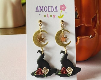 Floral Witch Hat Earrings| Halloween Polymer Clay Earrings | Cute Witchy Dangles