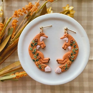 Woodland fox clay earrings, Handmade statement polymer clay jewelry, Whimsical folk animal dangles