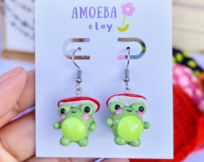 Mushroom Frog Polymer Clay Dangle Earrings, Cottagecore froggie, Kawaii chubby frog, lightweight