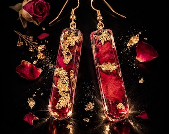 Real Rose Petal Resin Earrings • Gold Leaf Botanical Jewelry • Handmade Statement Earrings