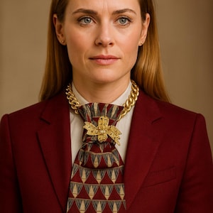 May include: A woman wearing a burgundy blazer over a white collared shirt. A patterned tie with gold and gray geometric shapes is adorned with a gold brooch. A thick gold chain necklace completes the look.
