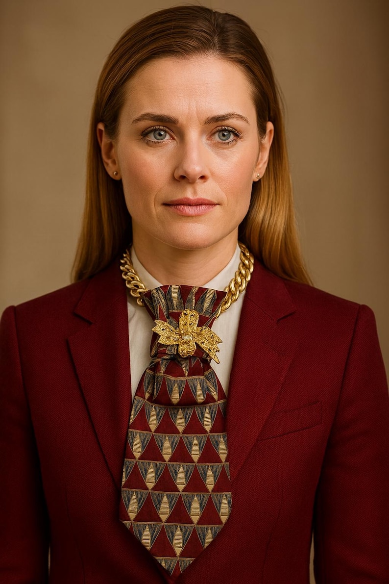 May include: A woman wearing a burgundy blazer over a white collared shirt. A patterned tie with gold and gray geometric shapes is adorned with a gold brooch. A thick gold chain necklace completes the look.