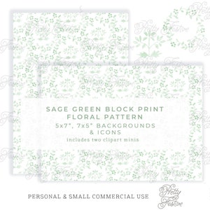 Green Chinoiserie Block Print 7x5, watercolor green & white wreath clipart background pattern, Preppy Grandmillenial style 094