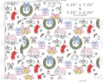 Preppy 7x5 Background Christmas 7x5 Background Christmas Printable, Pink Cottage, Snowman, Blue Wreath, Stocking, Gifts, Grandmillennial 139