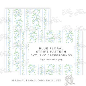 Blue Floral Watercolor Stripe 5x7", climbing vine design, printable Backgrounds and borders, card template, monogrammed stationery 081