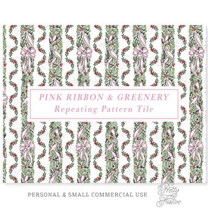 Pink Green Christmas Ribbon Bows Holly & Greenery Grand Millennial Heirloom Seamless Repeating Pattern Fabric Print, Holiday Stationery  139