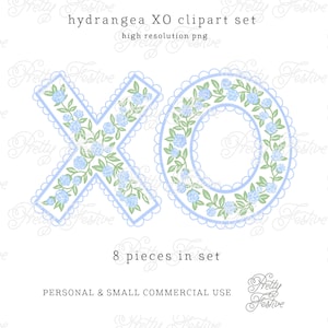 Blue Hydrangrea Valentine XO Clipart Png Sublimation Design. Faux Embroidery Patches Valentines, Preppy Grandmillennial for cards, tags, 112