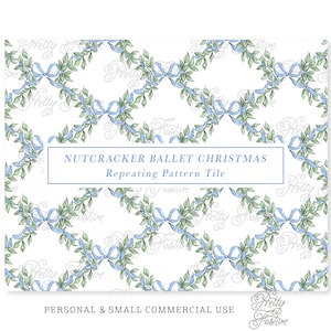 Blue Bow & Ribbon Greenery Trellis Seamless Repeating Pattern, Bow Scallop Fabric Print, Hanukkah Bow Pattern, Preppy Grand Millennial 144
