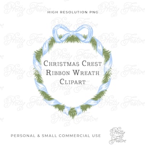 Blue Christmas Crest Clipart with ribbon and bow, Greenery Crest design for monogram stationery, gift tags, grandmillenal preppy style 077