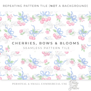 Cherries, Blue Bows and Blooms Seamless Repeating Pattern Tile for Fabric Print, Preppy Grand millennial Heirloom, apparel, stationery 169