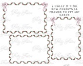 Pink Christmas Scalloped Frame Set of 3, Holly Berries, Scallop Border Ribbon Printable, Holiday cards stationery 139
