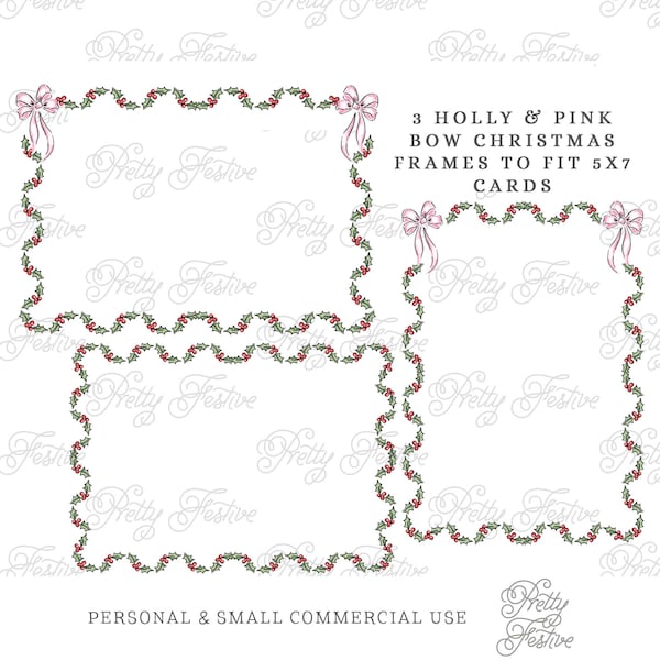 Pink Christmas Scalloped Frame Set of 3, Holly Berries, Scallop Border Ribbon Printable, Holiday cards stationery 139