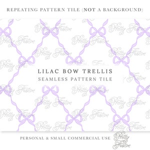 Può includere: Una piastrella di motivo senza cuciture con un motivo ripetitivo di fiocchi lilla legati in un motivo a traliccio. Lo sfondo è bianco con il testo "Pretty Festive" ripetuto in un carattere corsivo grigio.