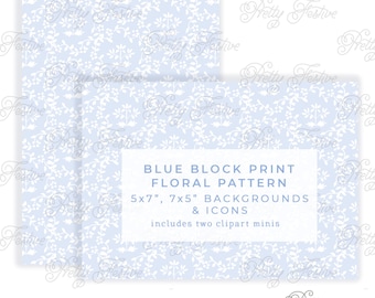 Blue and White Chinoiserie Block Print 7x5 Printable Backgrounds, watercolor blue and white clipart wreath 5x7, Preppy Grandmillenial 094