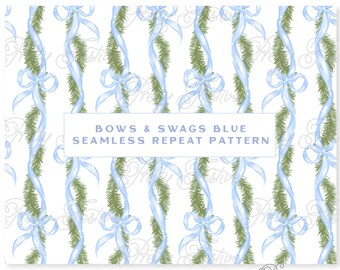 Blue Chinoiserie Christmas Bows & Garland Ribbon Repeating Pattern, Blue Christmas Pattern Design, Xmas Bow Fabric Print Pattern 074