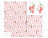 Strawberry Scallop Gingham Printable Background & clipart design kit. 5x7 Red Summer Gingham Strawberries pattern invitation, stationery 130