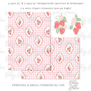 Strawberry Scallop Gingham Printable Background & clipart design kit. 5x7 Red Summer Gingham Strawberries pattern invitation, stationery 130