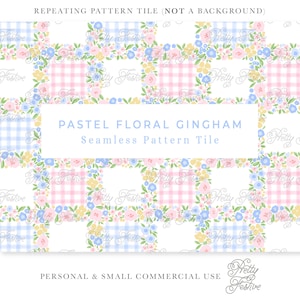 以下が含まれることがあります： パステルカラーのフローラルギンガム柄のシームレスパターンタイル。パターンには、ピンクとブルーのギンガムチェックの正方形と、花輪の縁取りが含まれています。画像の中央には、「PASTEL FLORAL GINGHAM Seamless Pattern Tile」というテキストが表示されています。