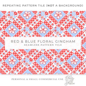 Könnte beinhalten: Ein sich wiederholendes Musterfliese mit einem rot-blauen Blumengingham-Design. Das Design umfasst rot-weiß karierte Quadrate, hellblaue Quadrate mit weißen Blumen und kleine florale Akzente. Der Text "RED & BLUE FLORAL GINGHAM" wird angezeigt.
