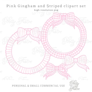 Pink Valentines Gingham & Striped Watercolour Ribbon Crest Plate Design, Frame Wreath Bow set, Preppy monogram, Grandmillenial Bows 110