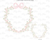 Pink Watercolour Ribbon Rose Bow Crest Frames, Preppy Monogram crest, Grandmillenial Bows and Ribbon Wreath with Climbing Rose Clipart 069