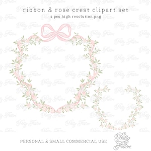 Pink Watercolour Ribbon & Rose Bow Crest Frames, Preppy Monogram crest, Grandmillenial Bows and Ribbon Wreath with Climbing Rose Clipart 069