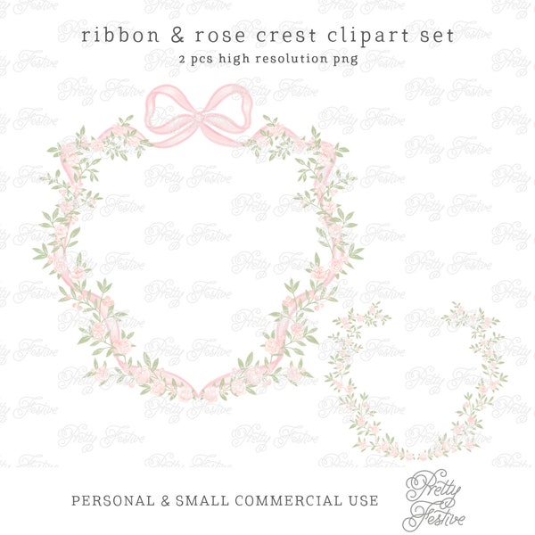 Pink Watercolour Ribbon & Rose Bow Crest Frames, Preppy Monogram crest, Grandmillenial Bows and Ribbon Wreath with Climbing Rose Clipart 069