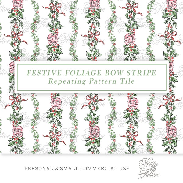 Christmas Preppy Foliage Florals & Bows Stripe Seamless Pattern, Pink Grandmillennial Floral Christmas Garland Scalloped Rose Repeating 145