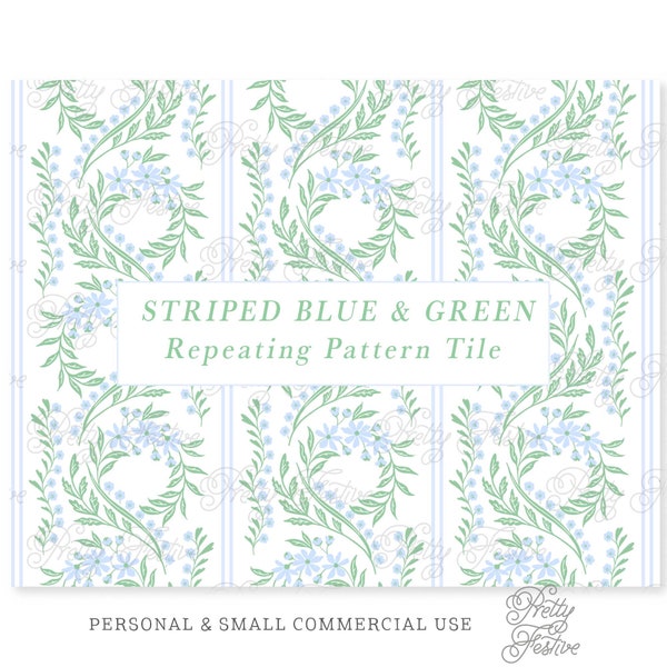 Chinoiserie Blue Block Print Seamless Repeating Pattern Tile, Wreath Background Pattern, Preppy Grandmillenial 123