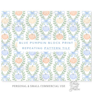 Boy Blue Pumpkin Bow Block print Seamless Repeating Pattern Tile, Fall Pumpkin fabric print, Autumn Repeat Pattern, Preppy Fall Pattern 092