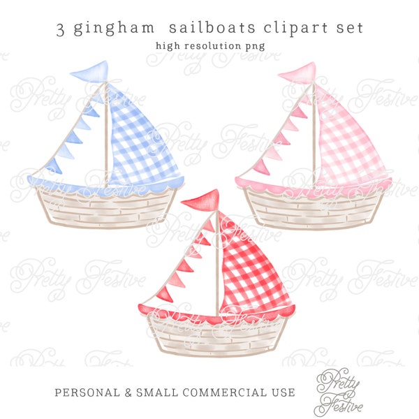 Preppy Gingham Summer Boat Clipart in Blue, Pink and Red for invites, notecards, monogram gifts, sublimation designs, 4th July Clipart 113